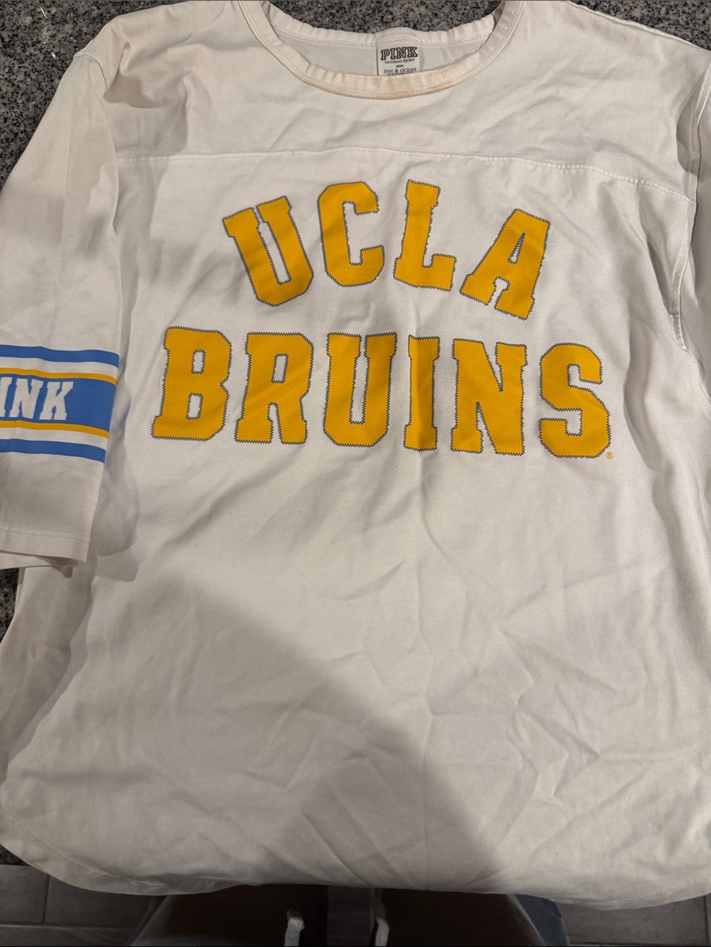 PINK Victoria's Secret White Tee with Yellow & Blue UCLA Appliqué